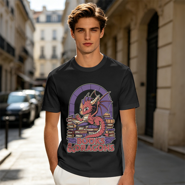 Olive t-shirt with cute red dragon reading books graphic