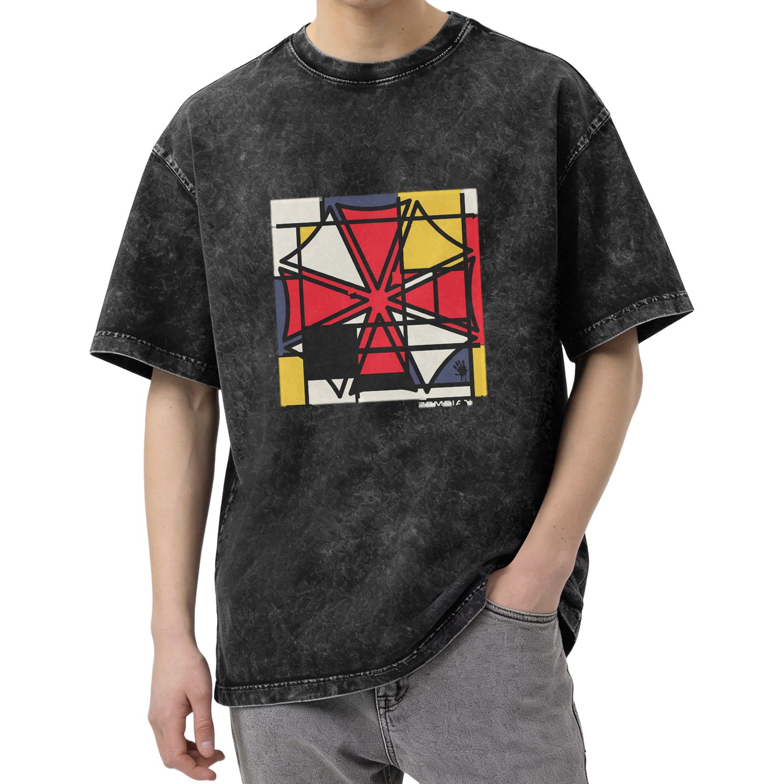 Oversized Acid Wash T-Shirt With Abstract Geometric Art Print