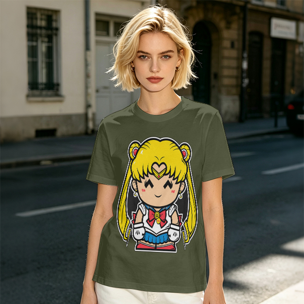 Olive T-shirt with Chibi Sailor Moon Graphic Print