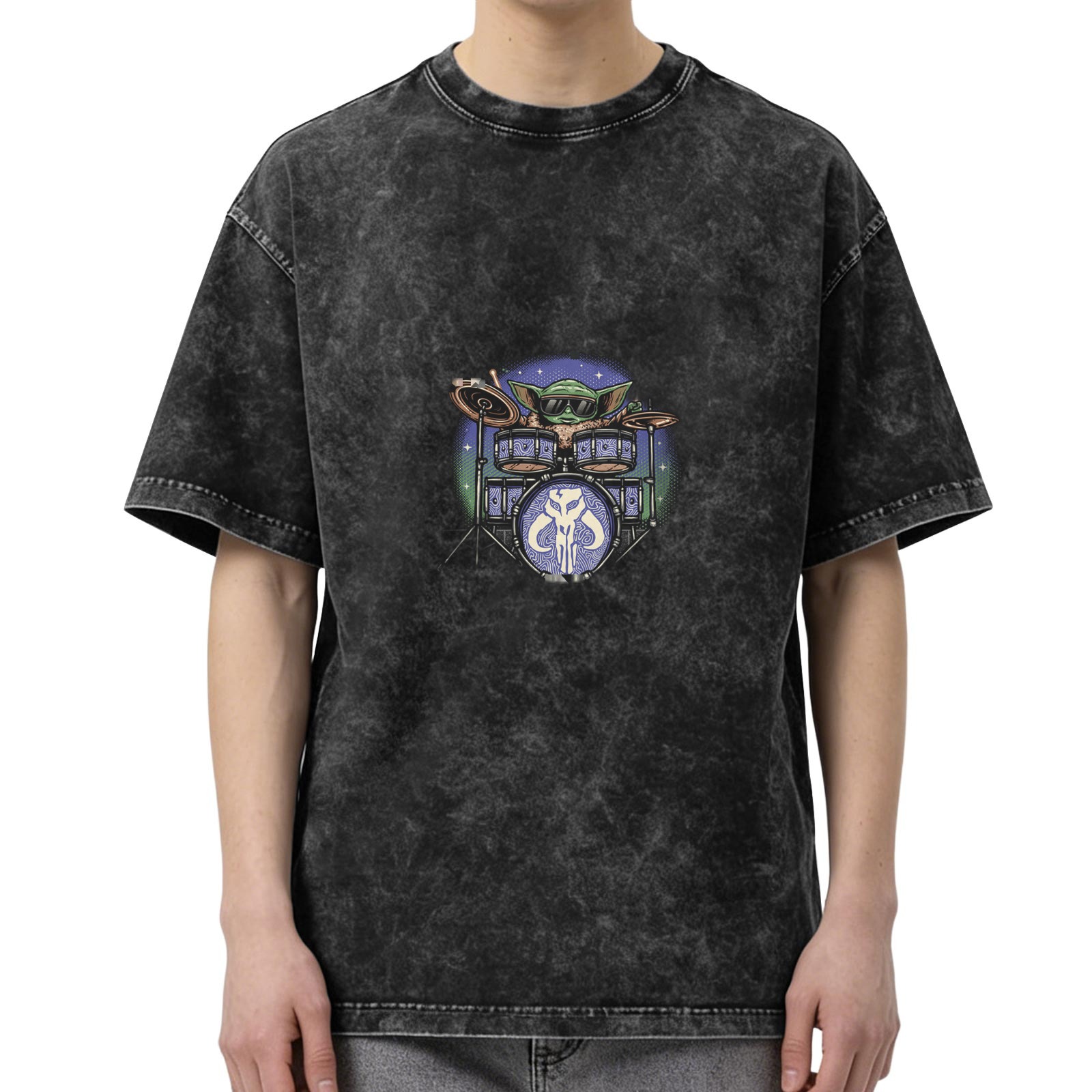 Washed Black T-Shirt Featuring Baby Yoda Playing Drums
