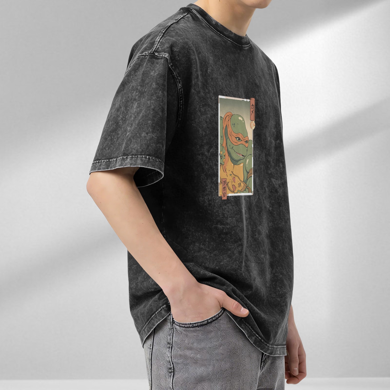 Washed Black Oversized T-Shirt with Ninja Turtle Pizza Japanese Art Print