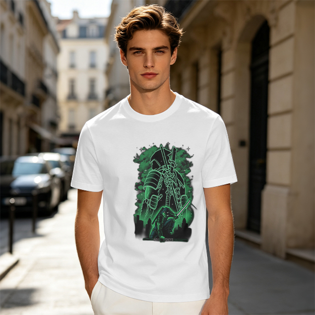 Olive Green T-Shirt With Neon Samurai Warrior Graphic