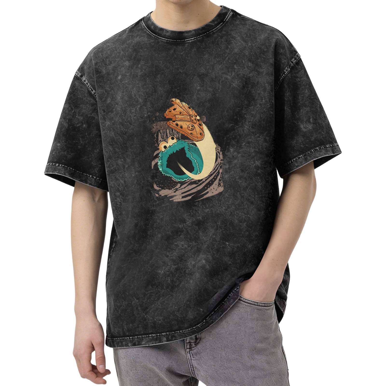 Oversized Acid Wash T-Shirt with Cookie Monster Graphic Print