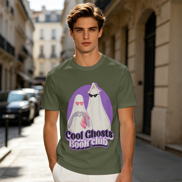Cool Ghosts Book Club Graphic Tee with Stylized Ghosts Design