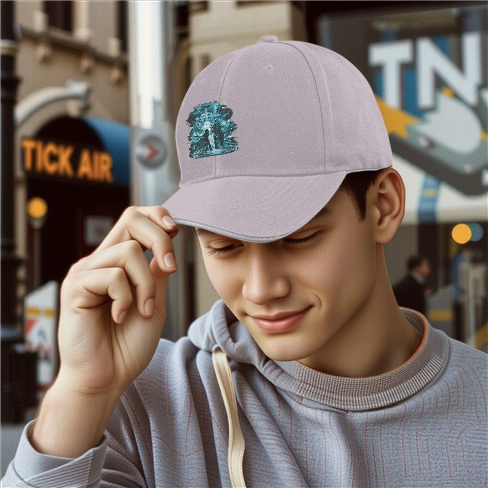 Black Baseball Cap With Fantasy Battle Themed Graphic Print