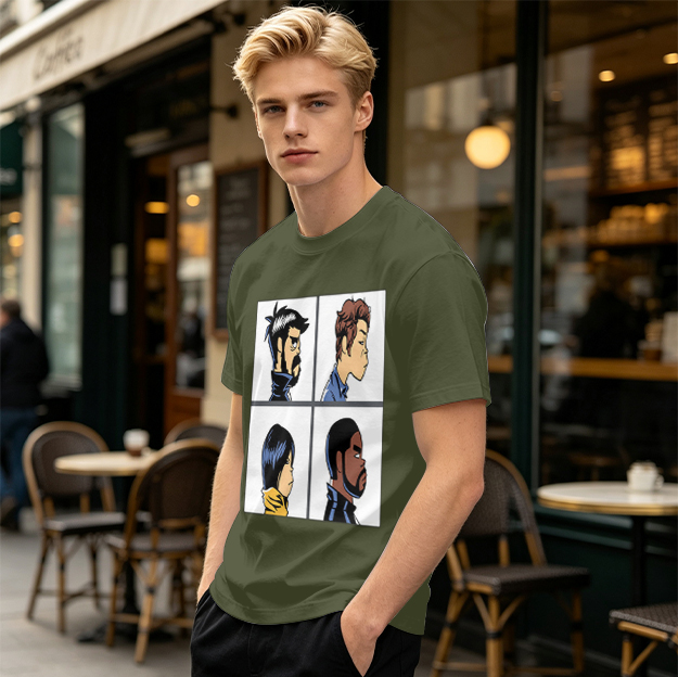 Olive T-Shirt With Four Cartoon Character Profile Portraits