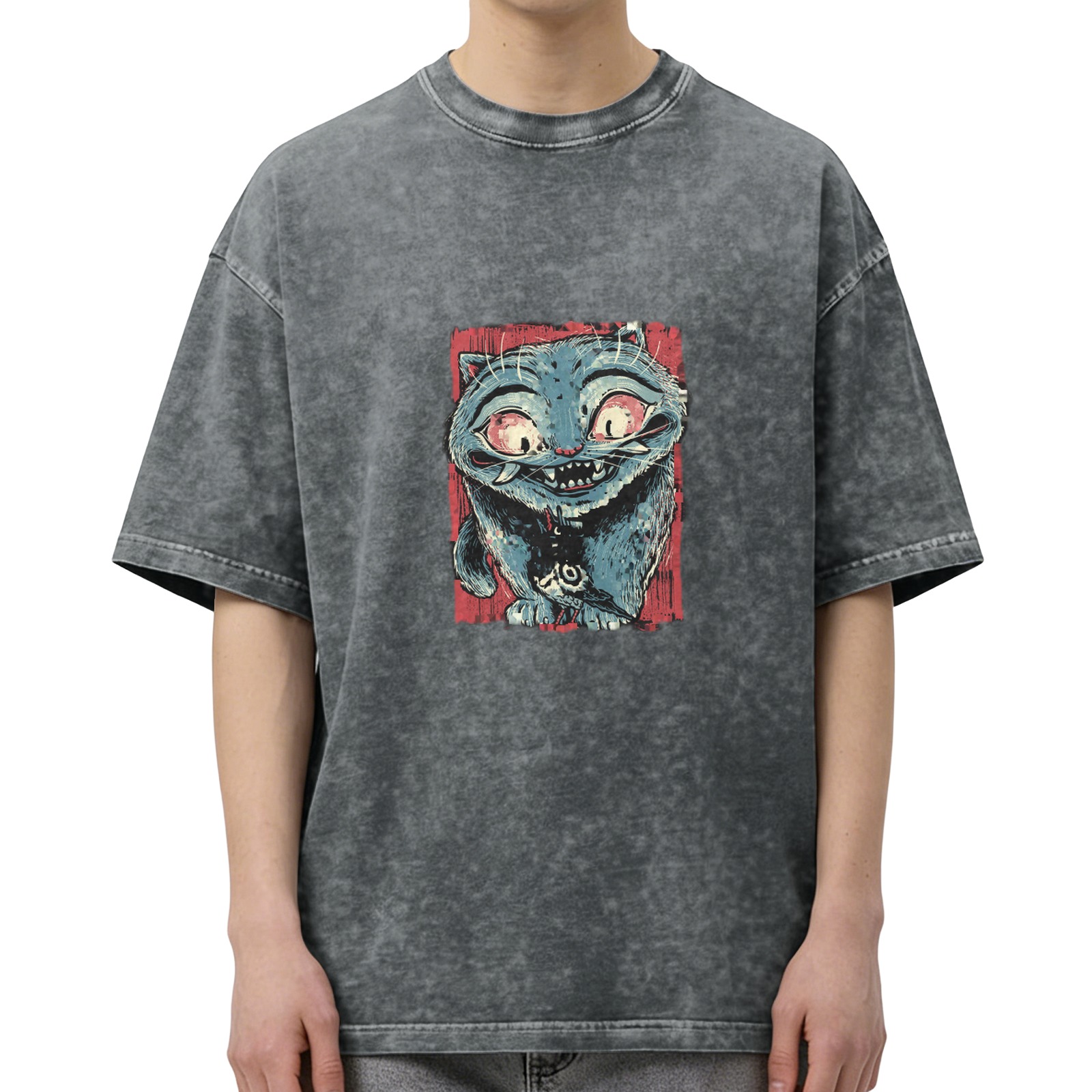 Oversized Acid Wash T-Shirt With Creepy Blue Cat Graphic