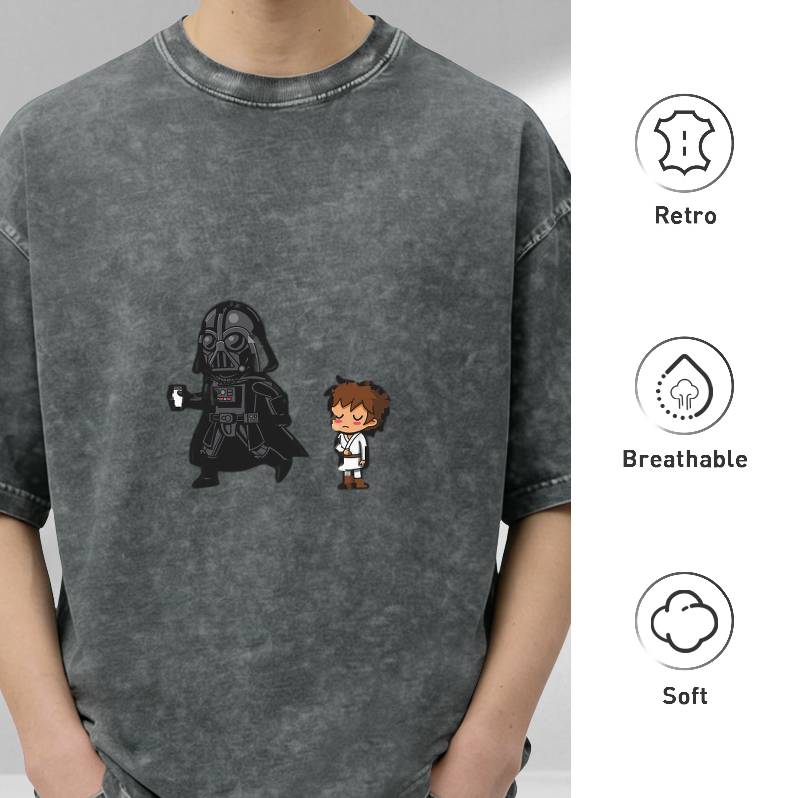 Washed Black T-Shirt With Cute Star Wars Character Art