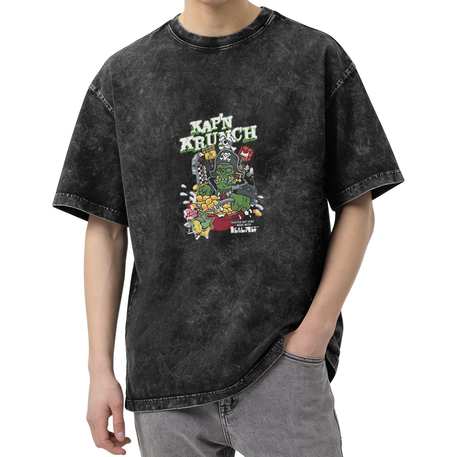 Men's Oversized Acid Wash Graphic T-Shirt - Kap'n Krunch Zombie Pirate Cereal Print - Black