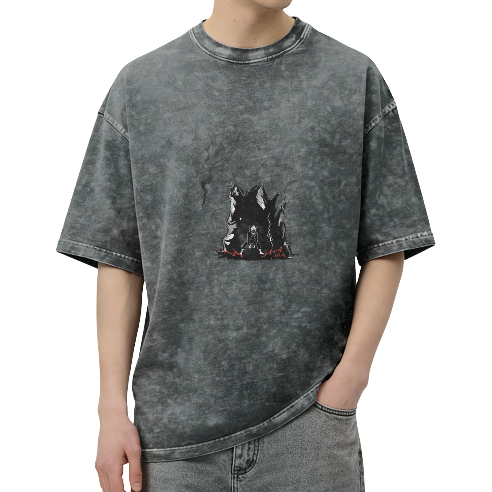 Oversized Acid Wash Graphic T-Shirt with Dark Anime Art Print