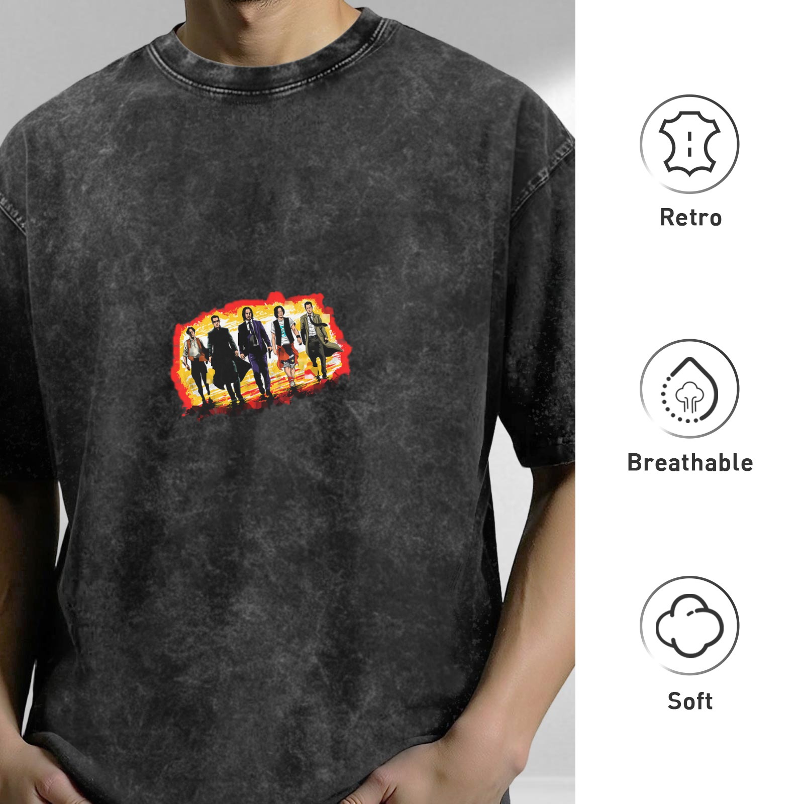 Distressed washed black loose short-sleeved T-shirt with film and television character prints