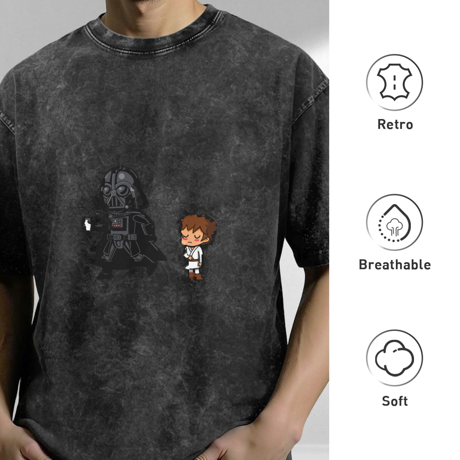 Washed Black T-Shirt With Cute Star Wars Character Art