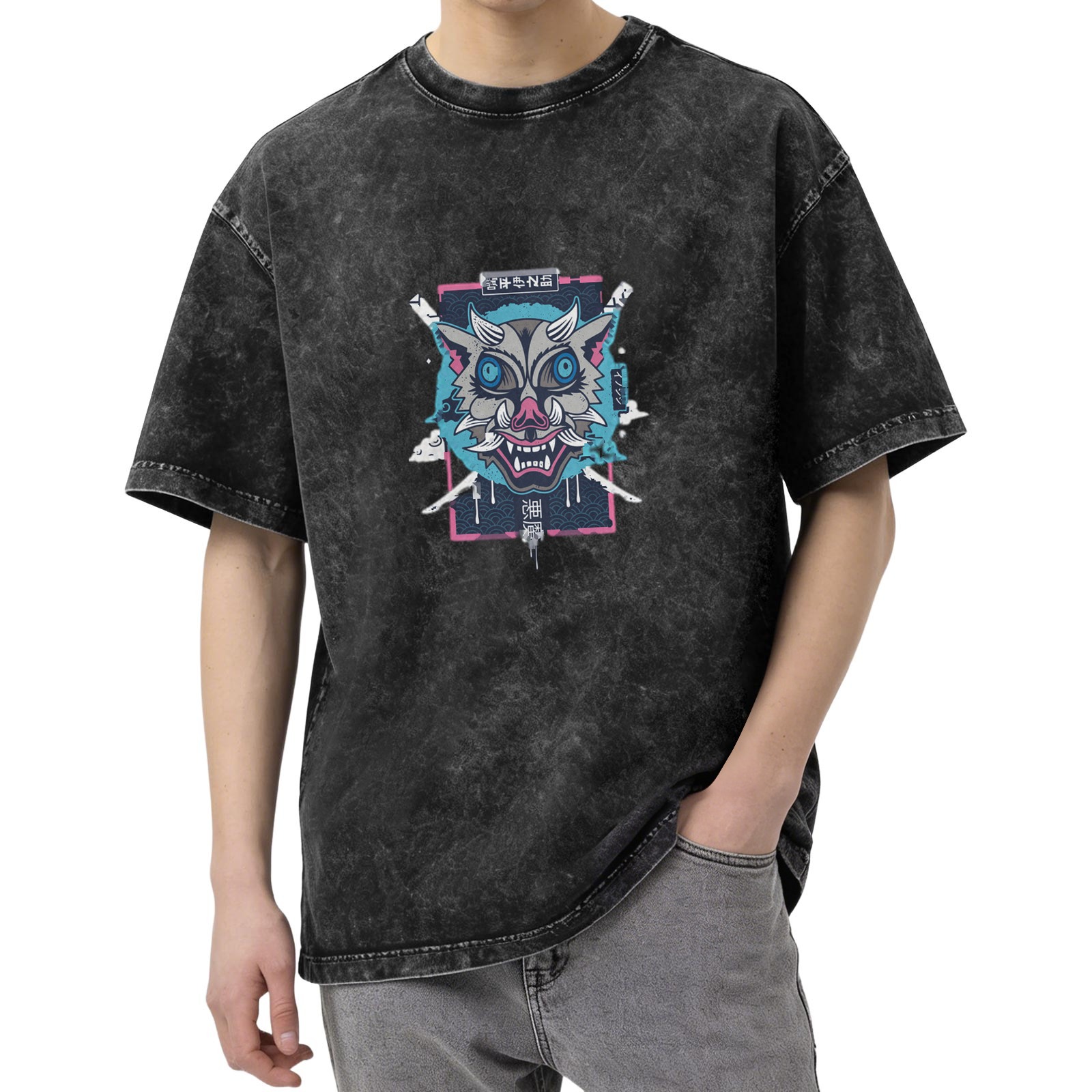 Washed Black Oversized T-Shirt With Japanese Demon Mask Graphic