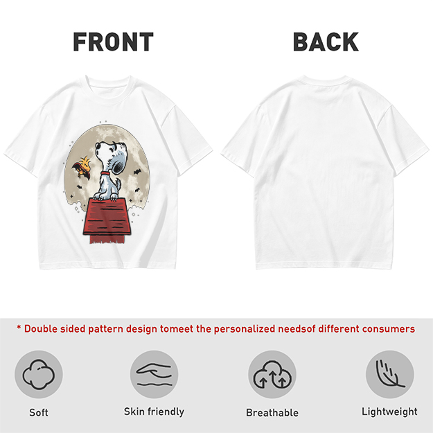 Snoopy and Woodstock on Doghouse Under Full Moon T-Shirt