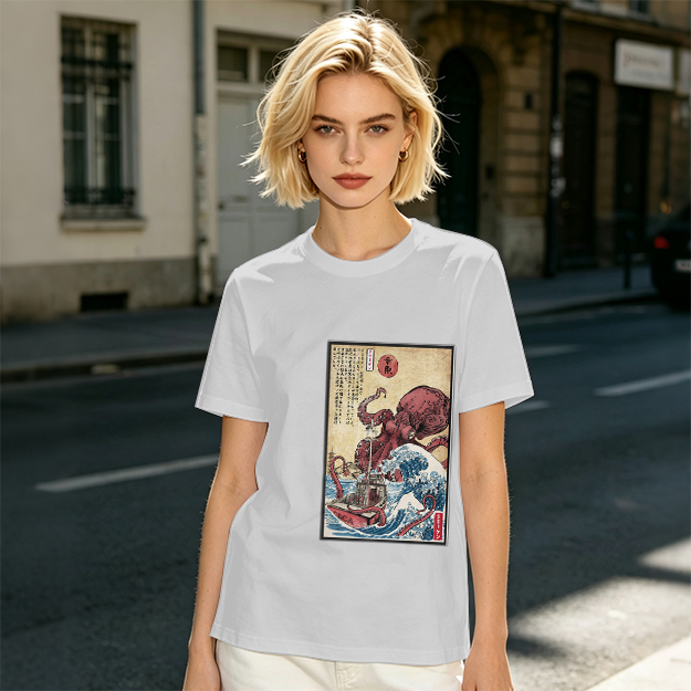 Olive T-shirt with Japanese octopus and wave woodblock print