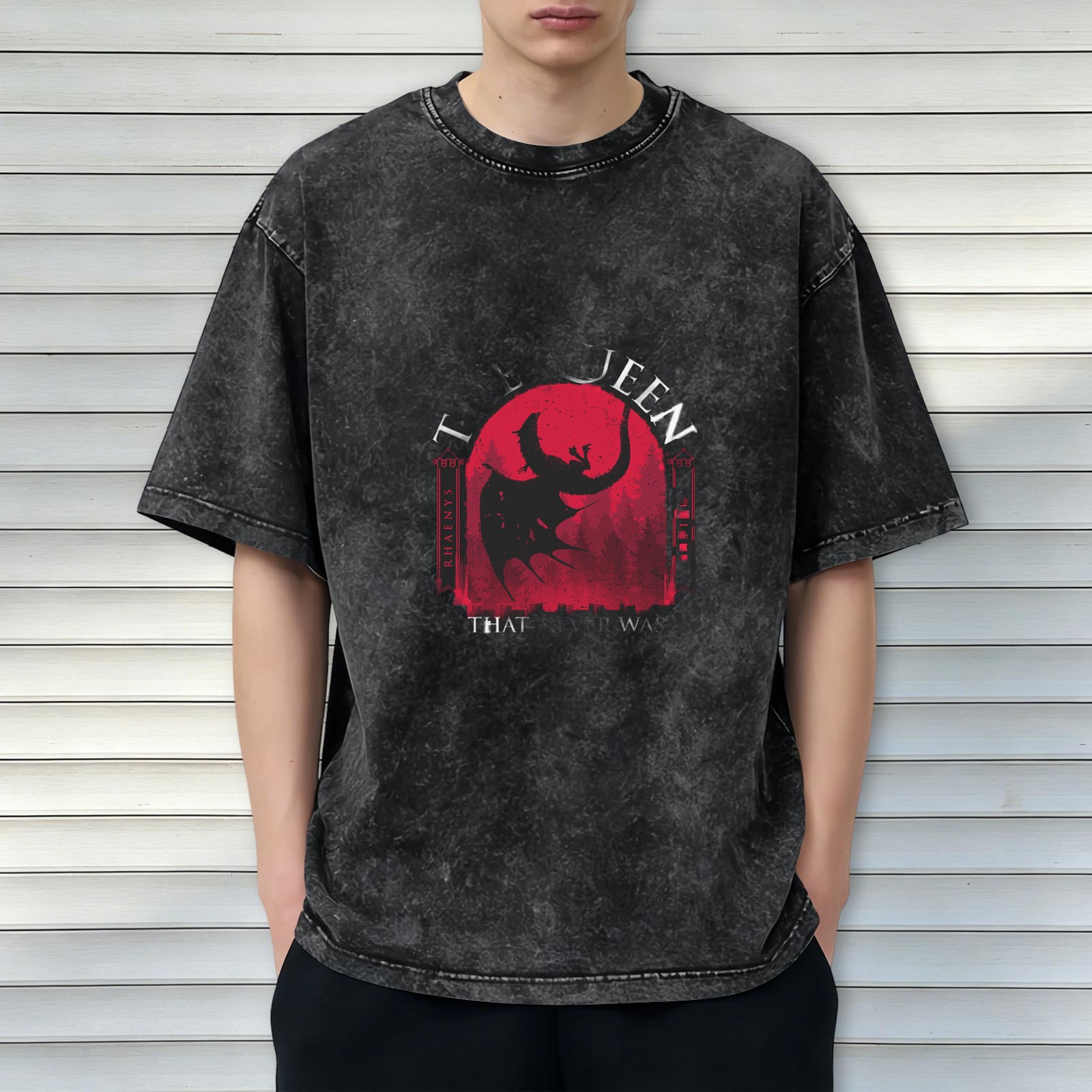 Washed Black Graphic T-Shirt With Dragon And Queen Text Print