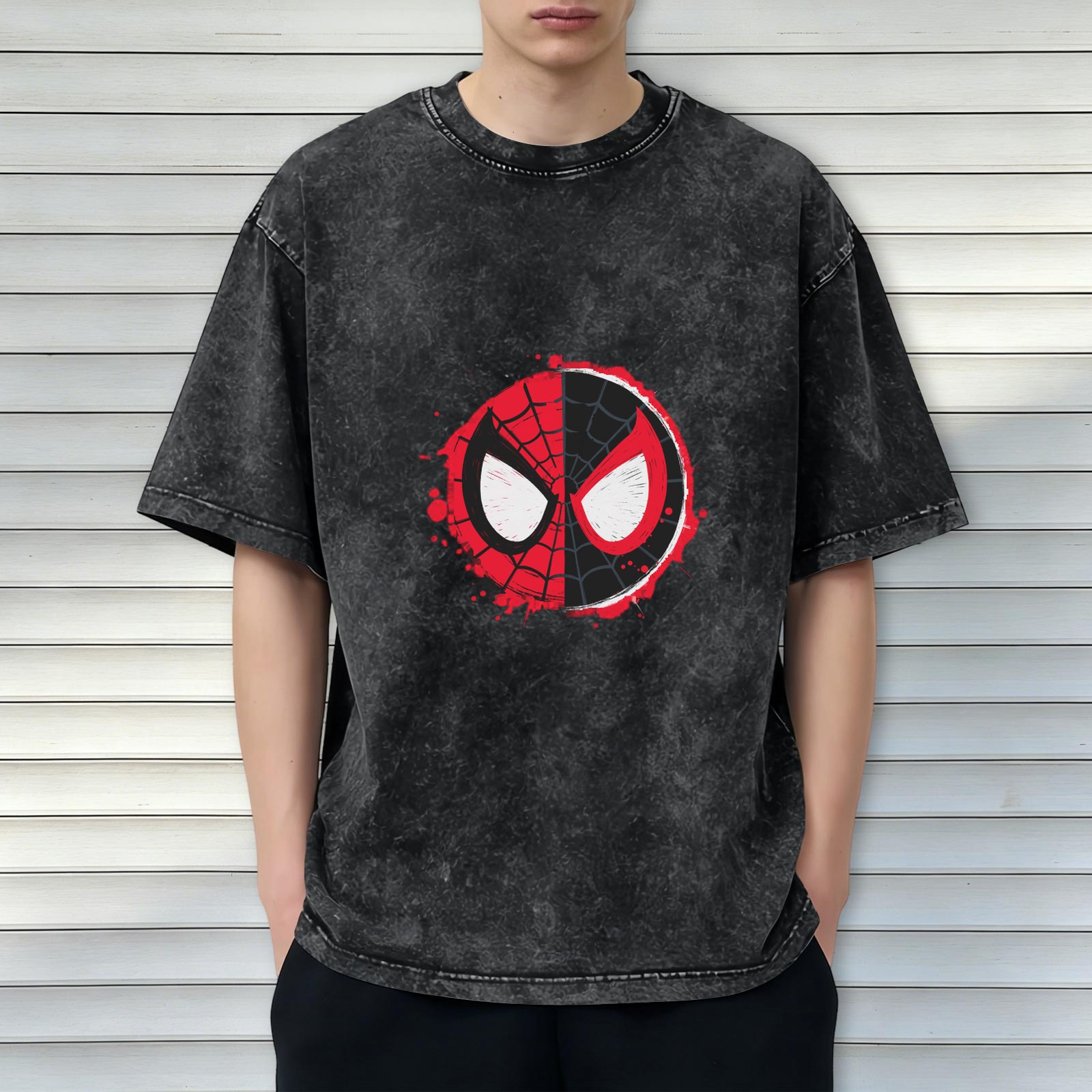 Oversized Spider-Man Split Mask Graphic Acid Wash T-Shirt