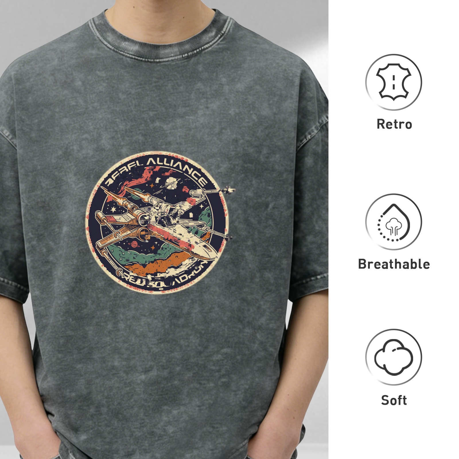 Distressed washed black round neck short-sleeved T-shirt Retro Space Alliance spaceship printed casual top