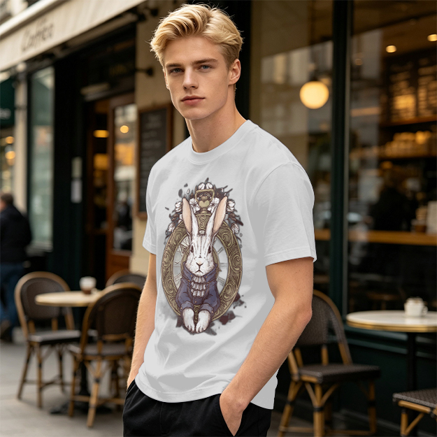 Olive T-Shirt With Steampunk White Rabbit Pocket Watch Art