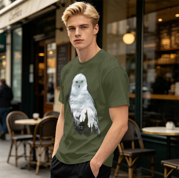 Olive Green T-Shirt With Snowy Owl Graphic Print