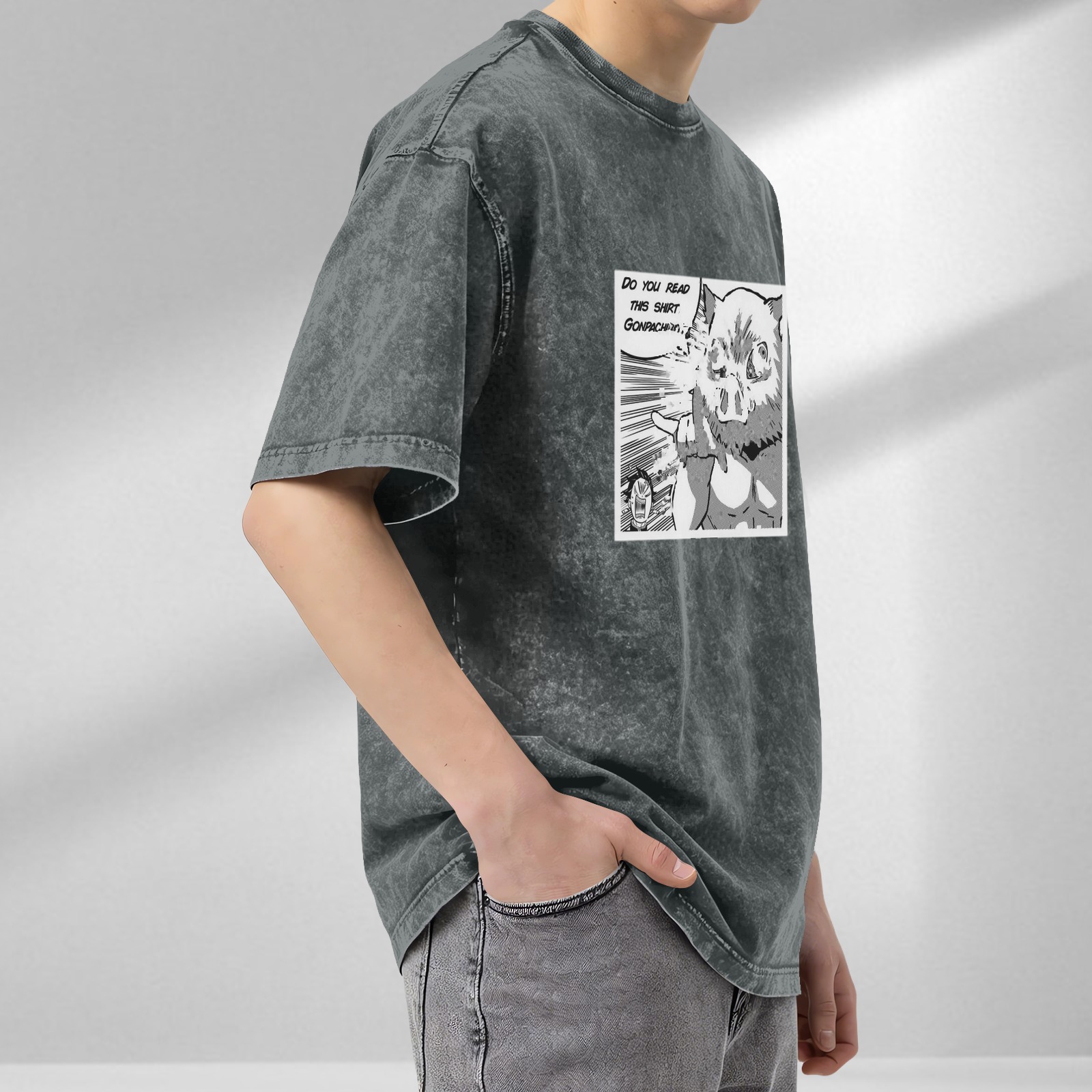 oversized acid wash manga panel t-shirt with do you read this shirt gonpachiro print