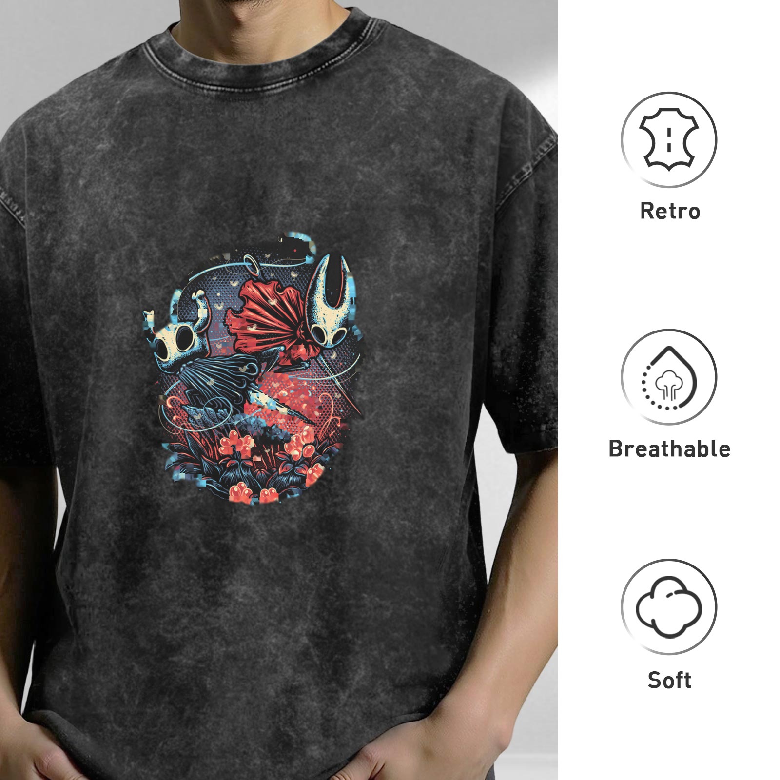 Hollow Knight Themed Dark Wash Graphic T-Shirt