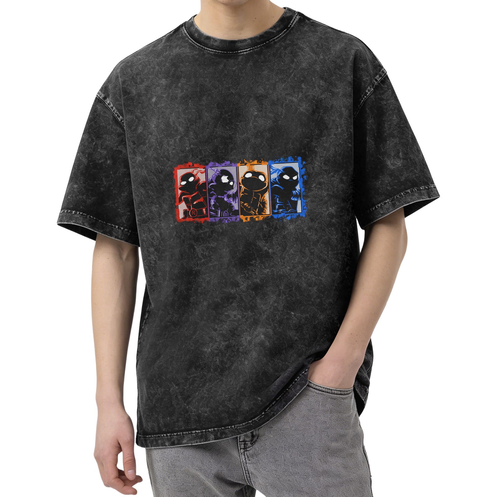 Washed Black T-Shirt with Ninja Turtle Character Panels