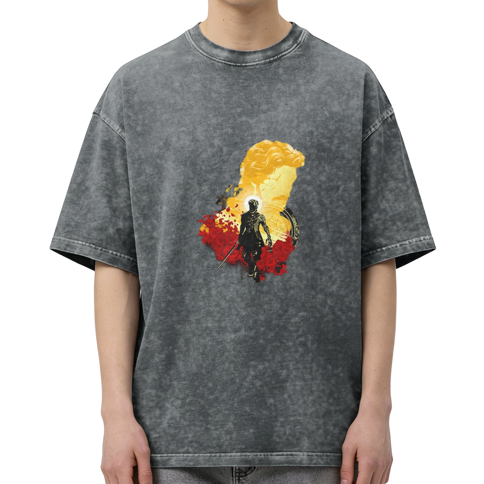 Washed black graphic t-shirt with warrior and classical bust art