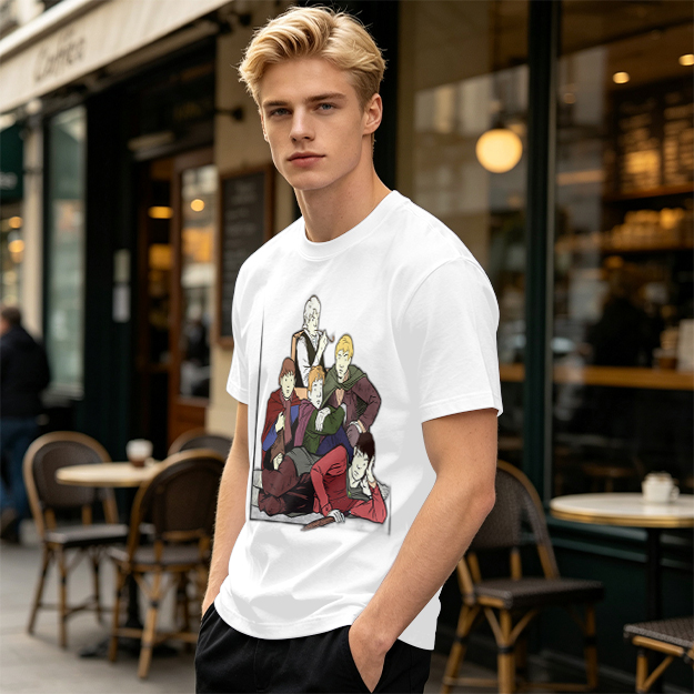 Olive T-shirt with Group of Fantasy Characters Graphic Print