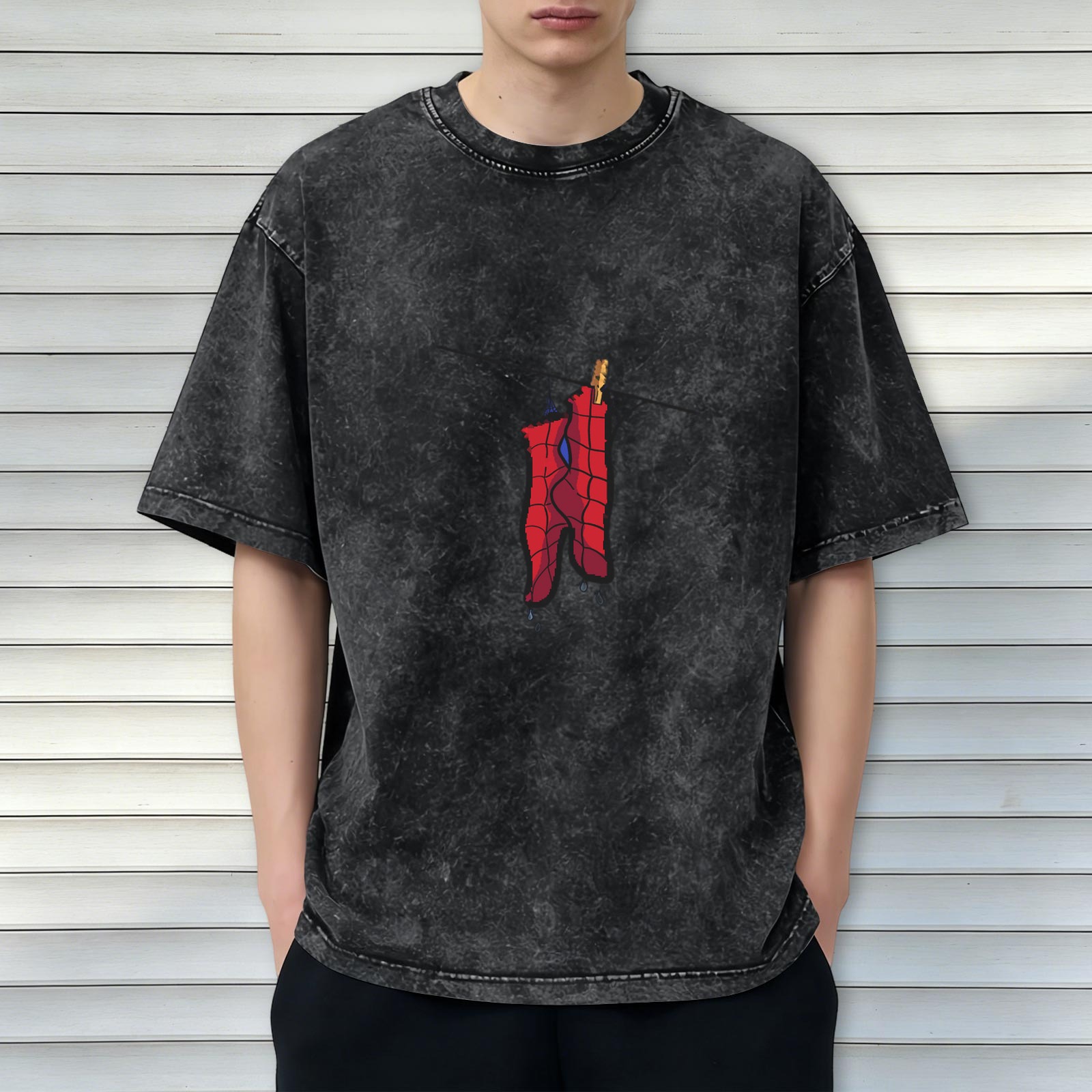 Oversized Acid Wash T-Shirt with Spider-Man Hanging Graphic
