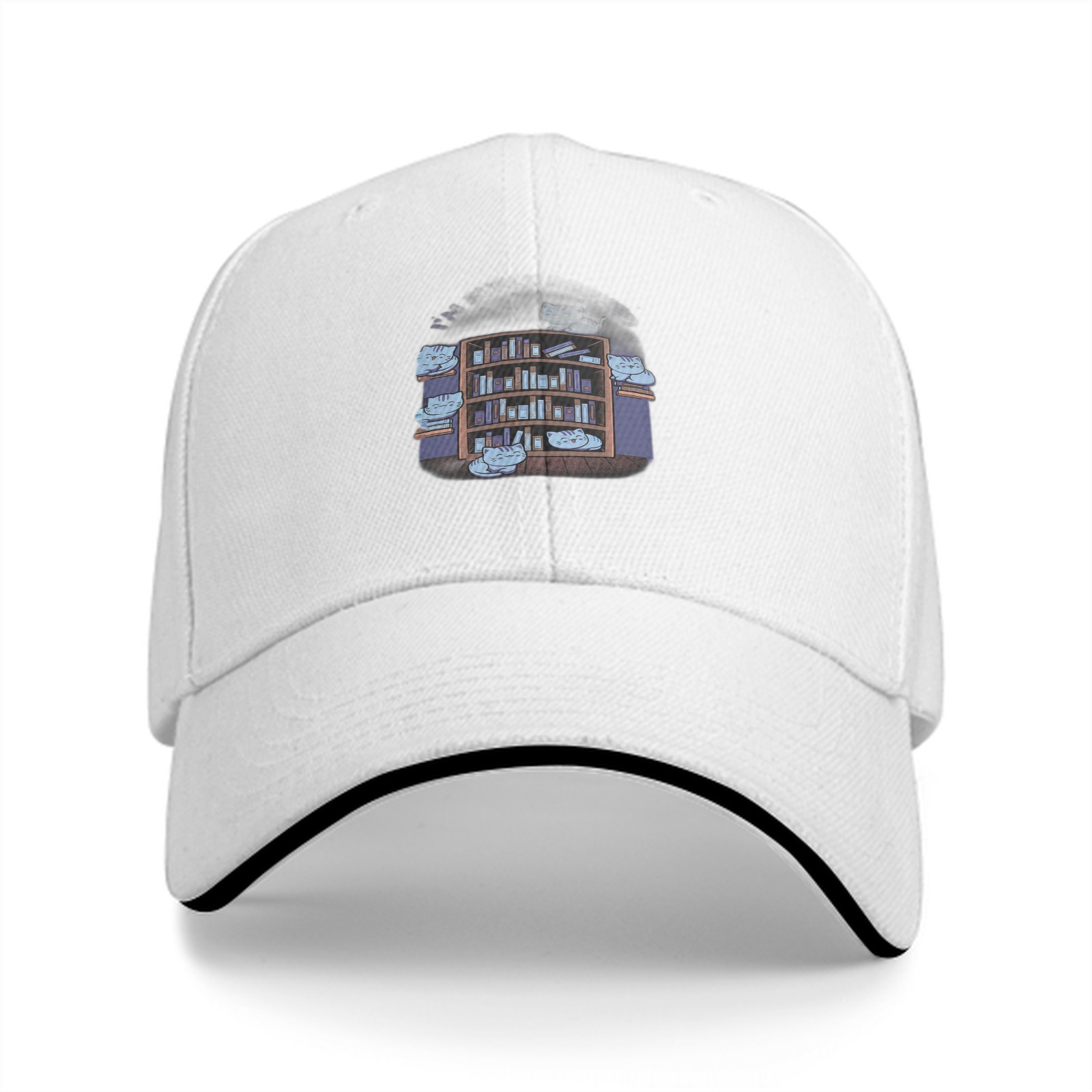 Black baseball cap with cute cats on bookshelf graphic