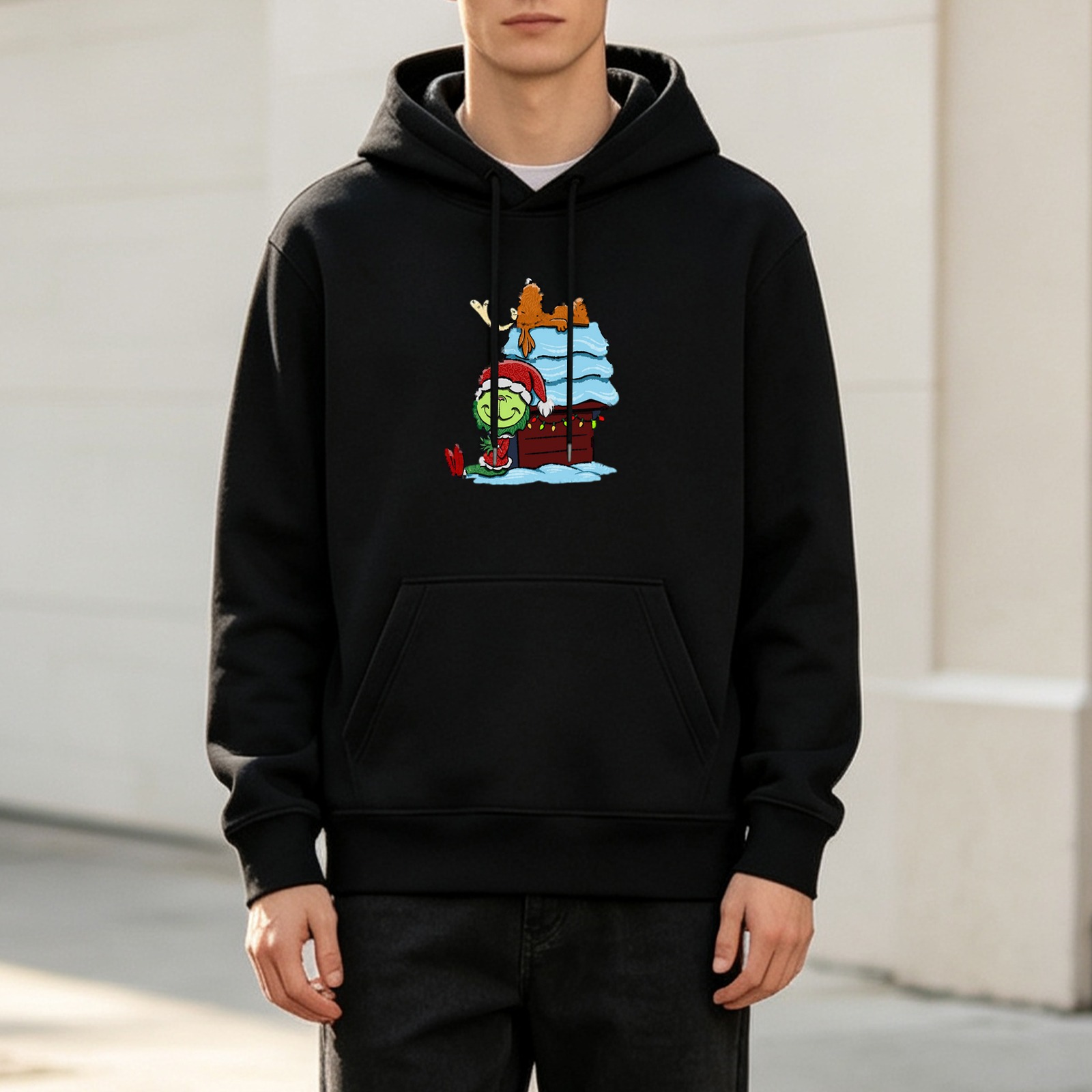 Black Hoodie With Grinch And Max Christmas House Graphic