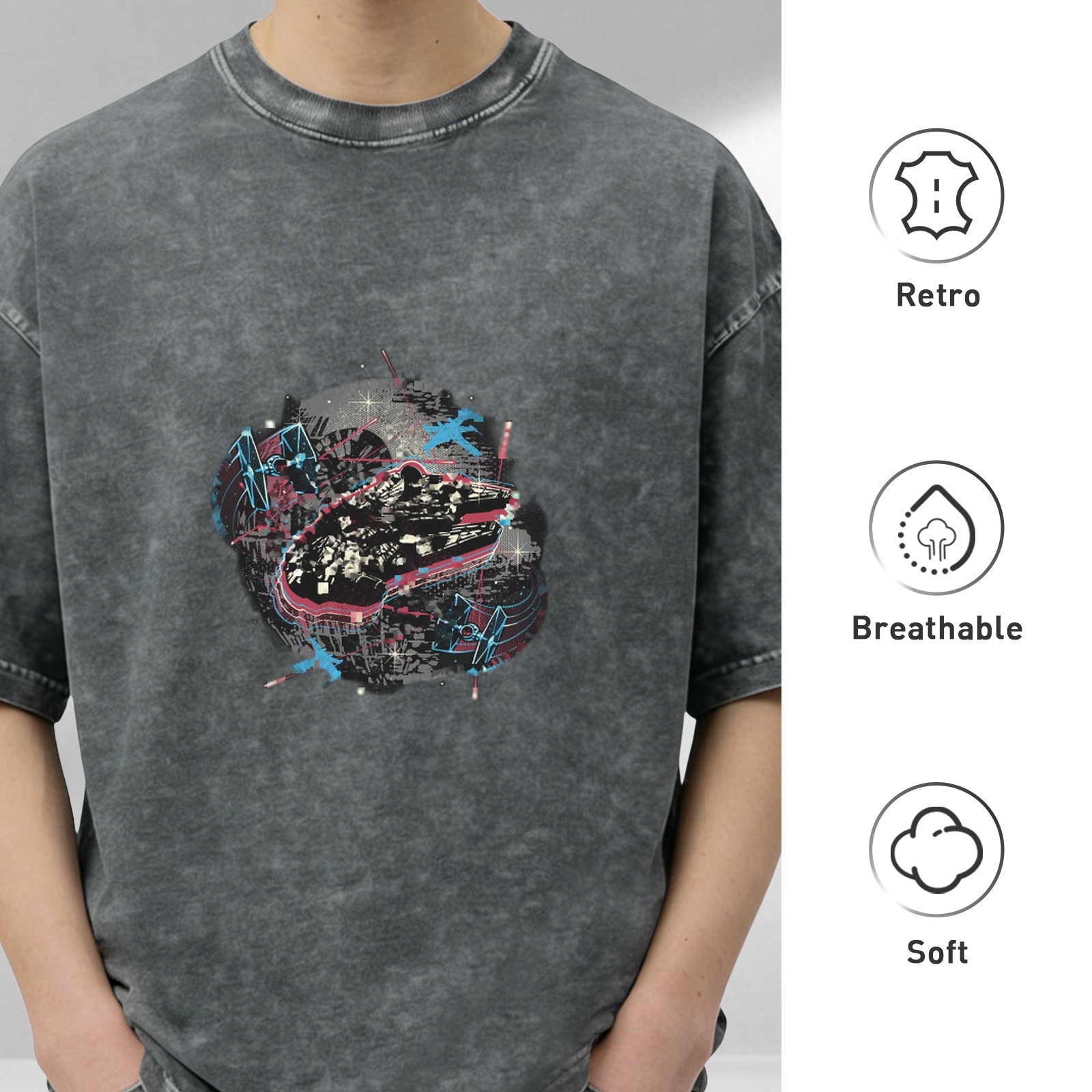 Washed Black Cotton T-Shirt With Star Wars Space Battle Graphic Print