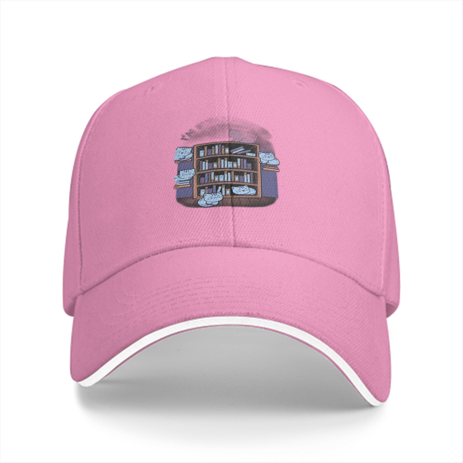 Black baseball cap with cute cats on bookshelf graphic