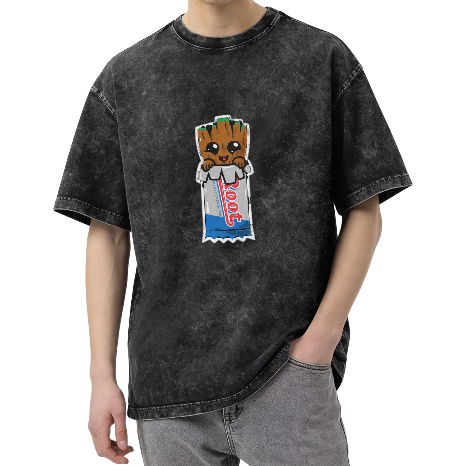 Washed black graphic t-shirt with cute Baby Root character print