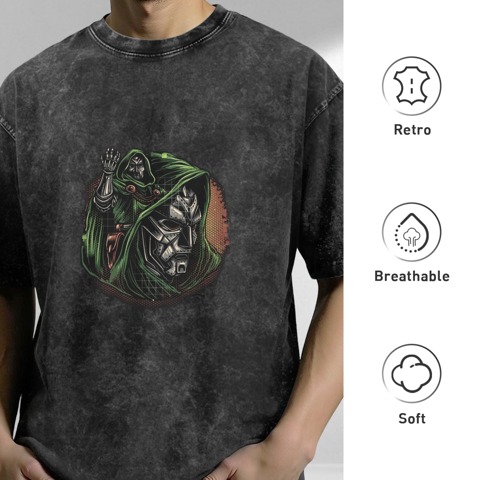 Oversized Acid Wash T-Shirt With Doom Villain Graphic