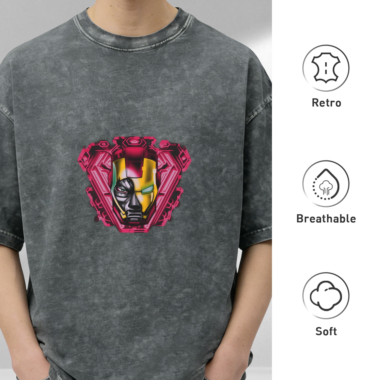 Oversized Acid Wash T-Shirt With Iron Man Graphic