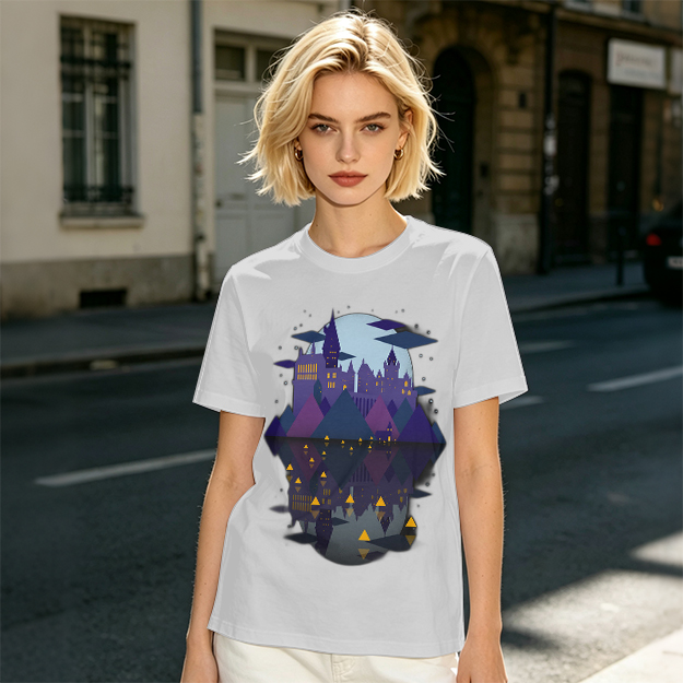 Olive T-Shirt With Night Castle Lake Reflection Graphic