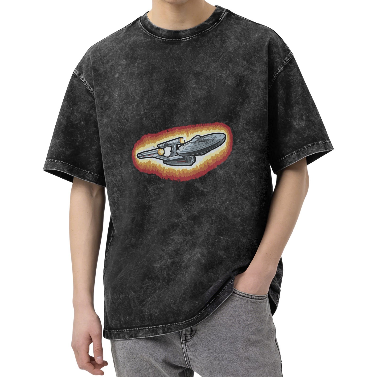 Washed Black T-Shirt with Star Trek Starship Graphic