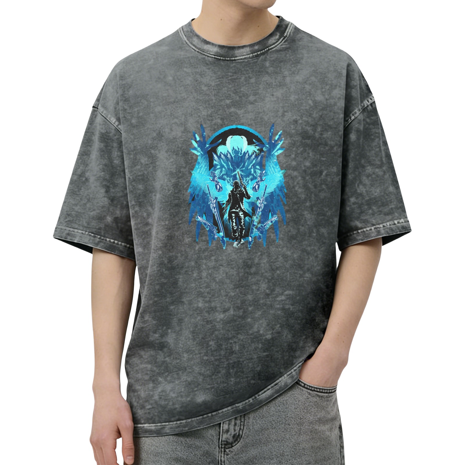 Washed Black Graphic T-Shirt With Blue Fantasy Winged Warrior Design