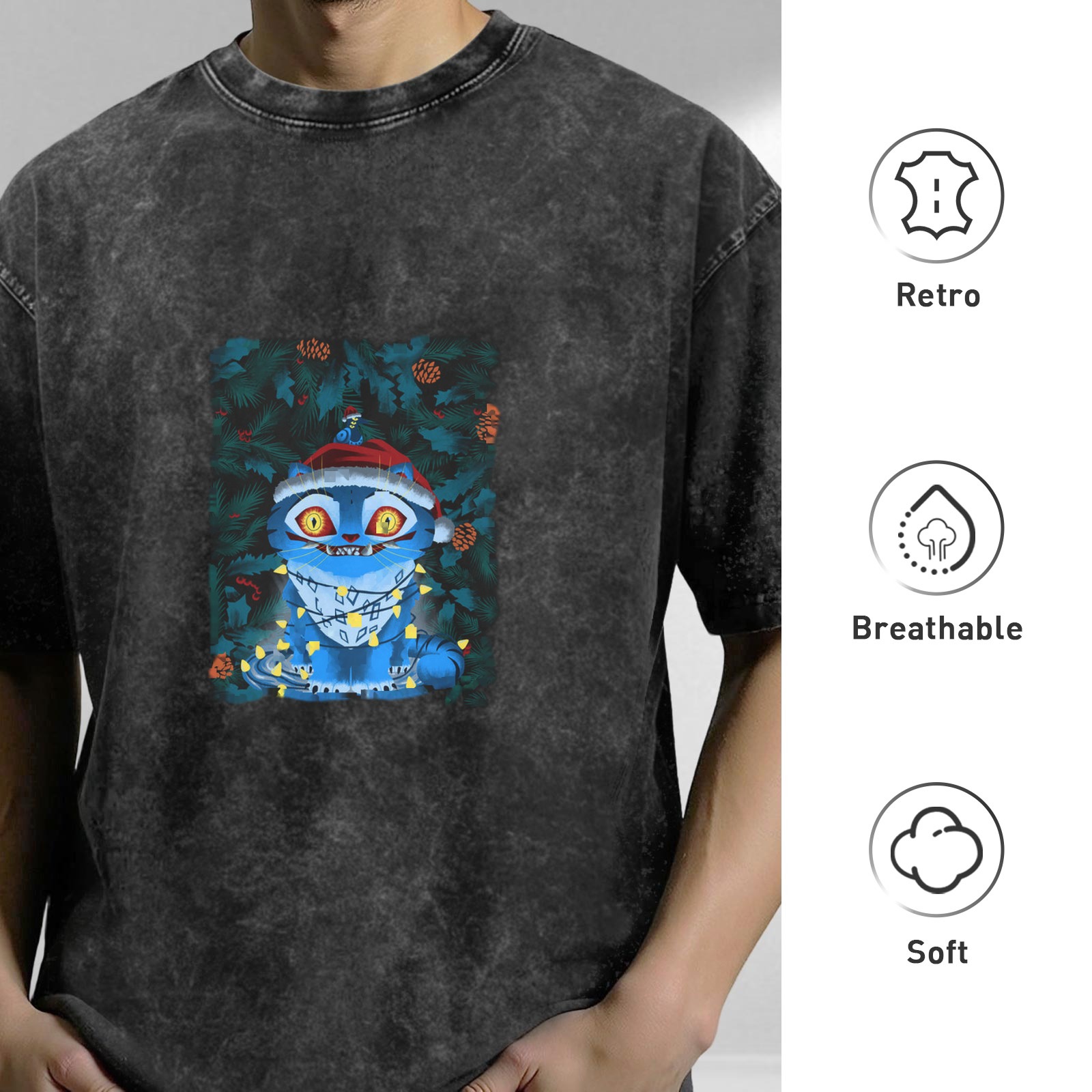Distressed Black Christmas Blue Cat Print Short Sleeve T-Shirt