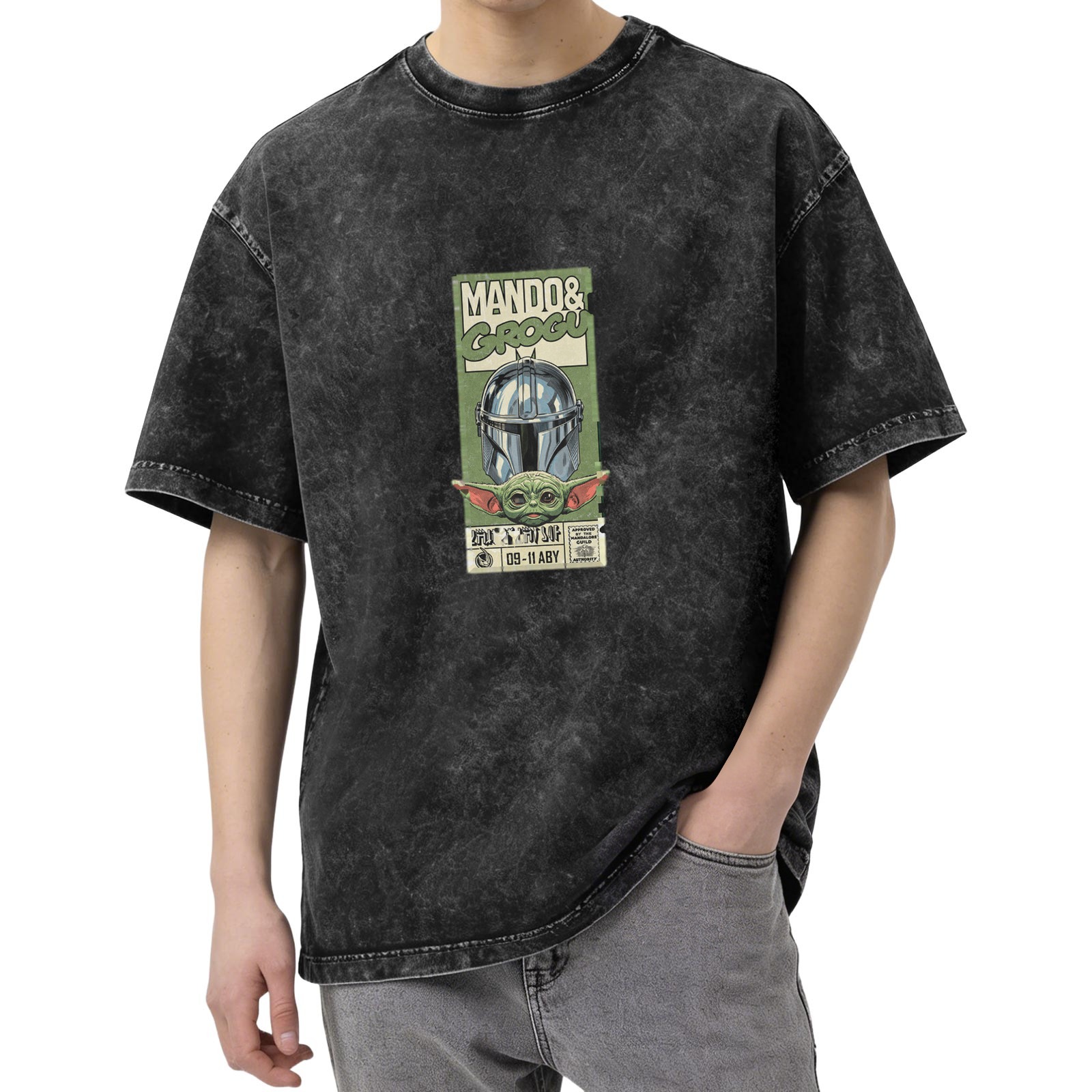 Mandalorian and Grogu Graphic Black Acid Wash T-Shirt