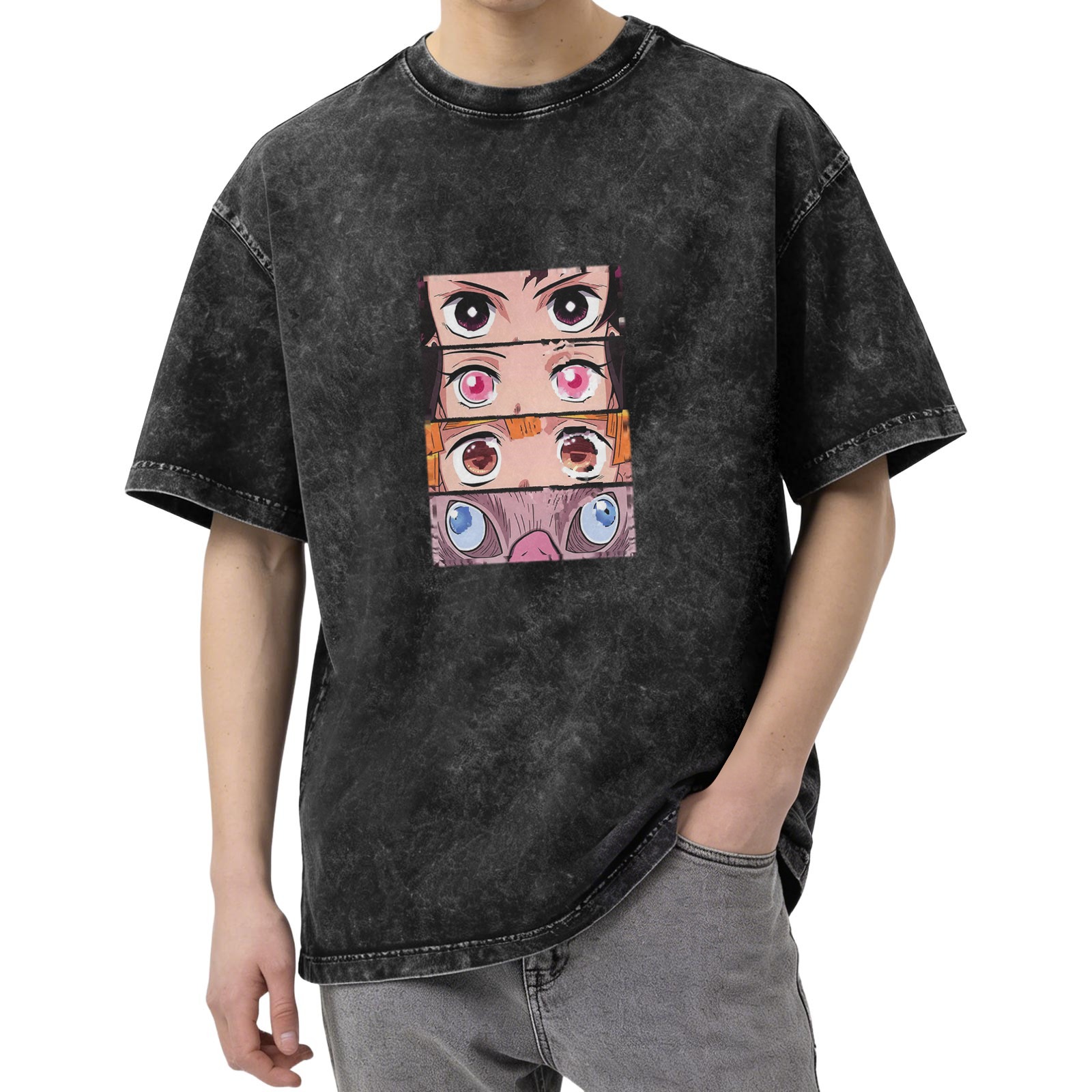 Demon Slayer themed washed distressed short-sleeved T-shirt