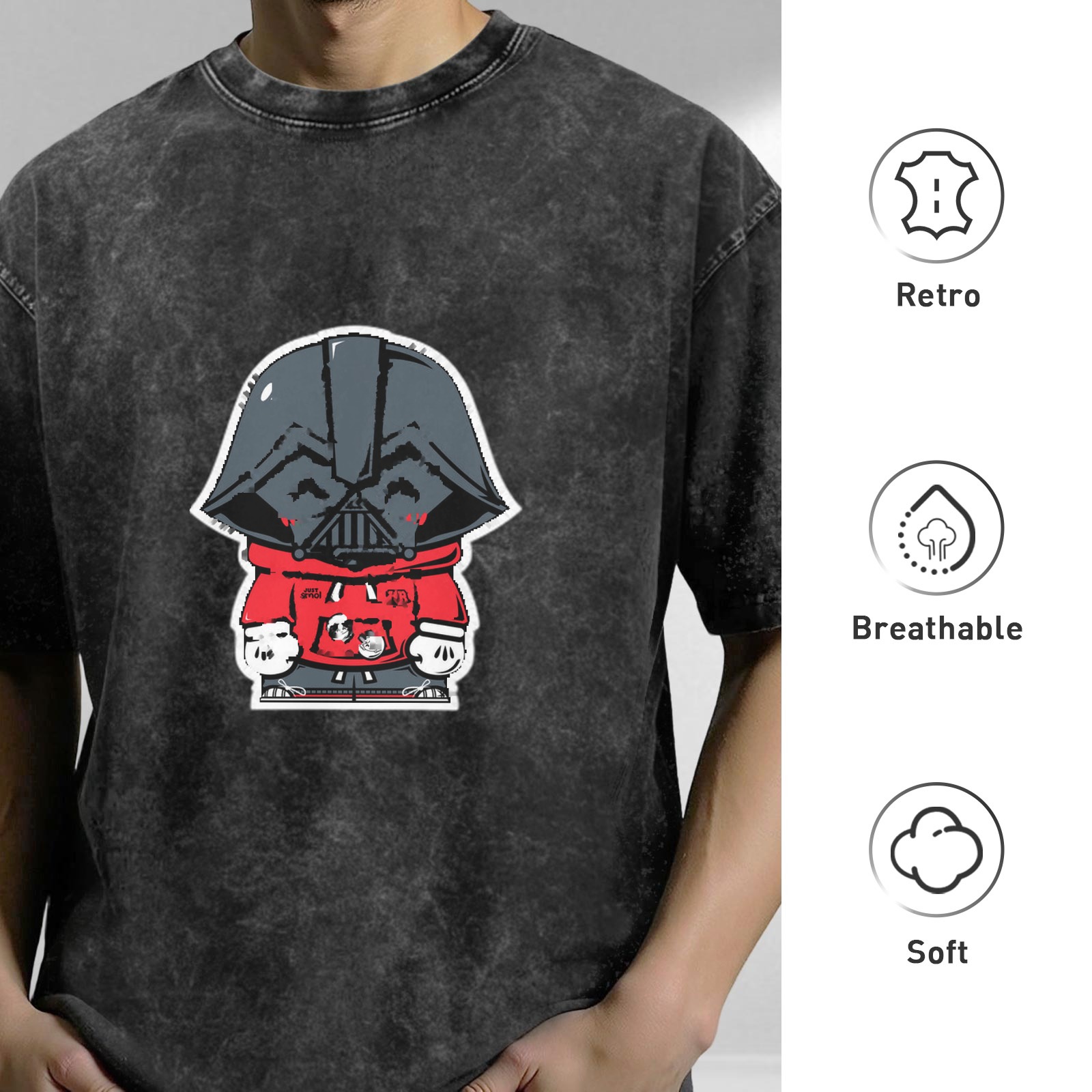 Oversized Dark Wash T-Shirt with Cute Darth Vader Hoodie Print