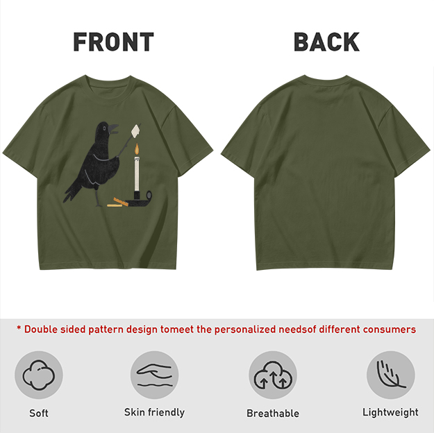Olive T-Shirt With Crow Roasting Marshmallow Over Candle Print