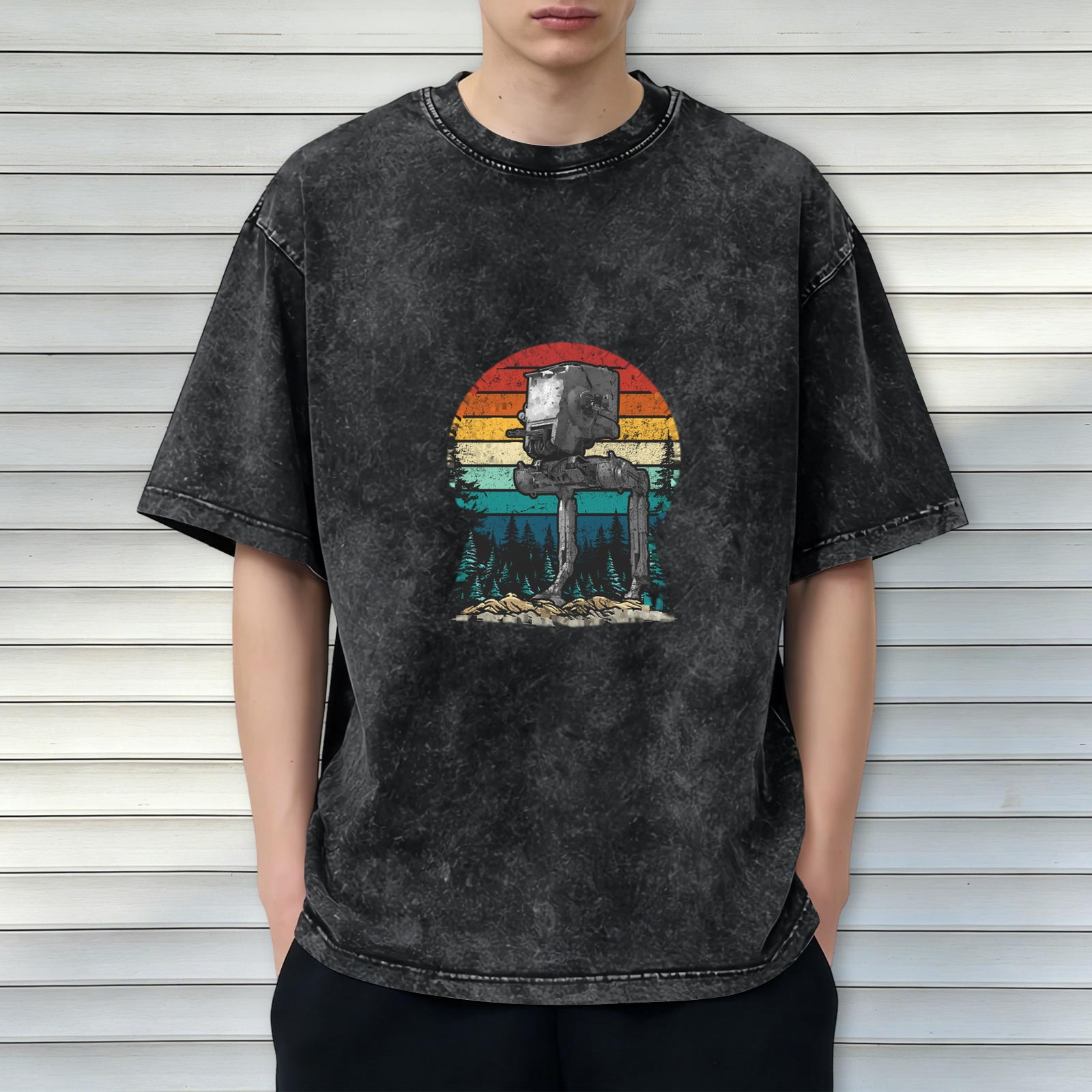 Star Wars AT-ST Walker Retro Sunset Forest Acid Wash T-Shirt