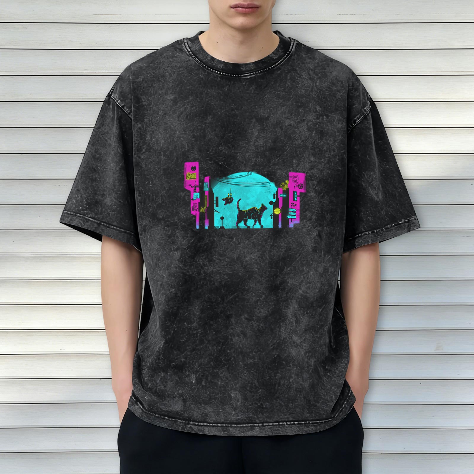 Oversized Acid Wash Graphic T-Shirt with Cyberpunk Cat Alley Print