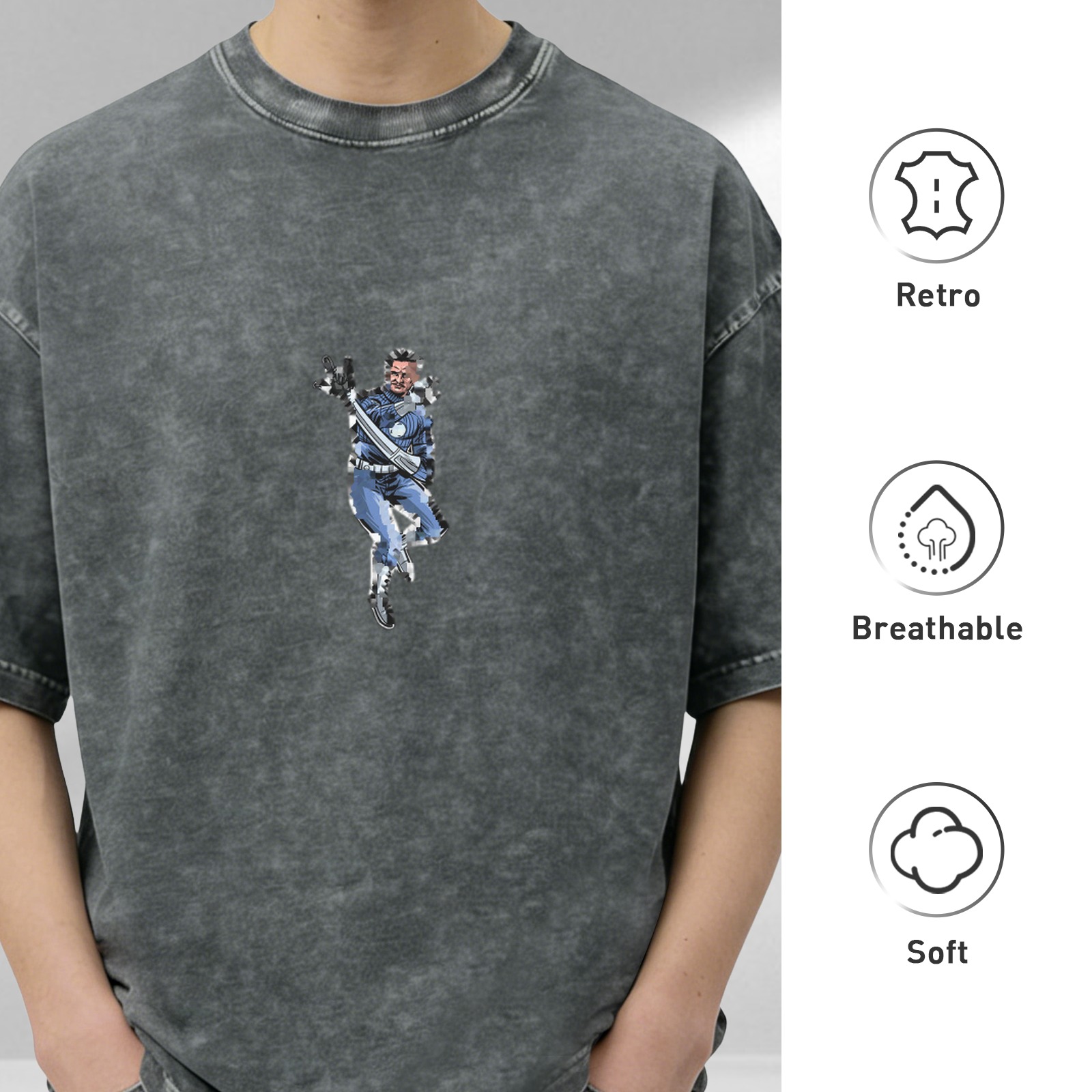 Oversized faded black t-shirt with action figure graphic print