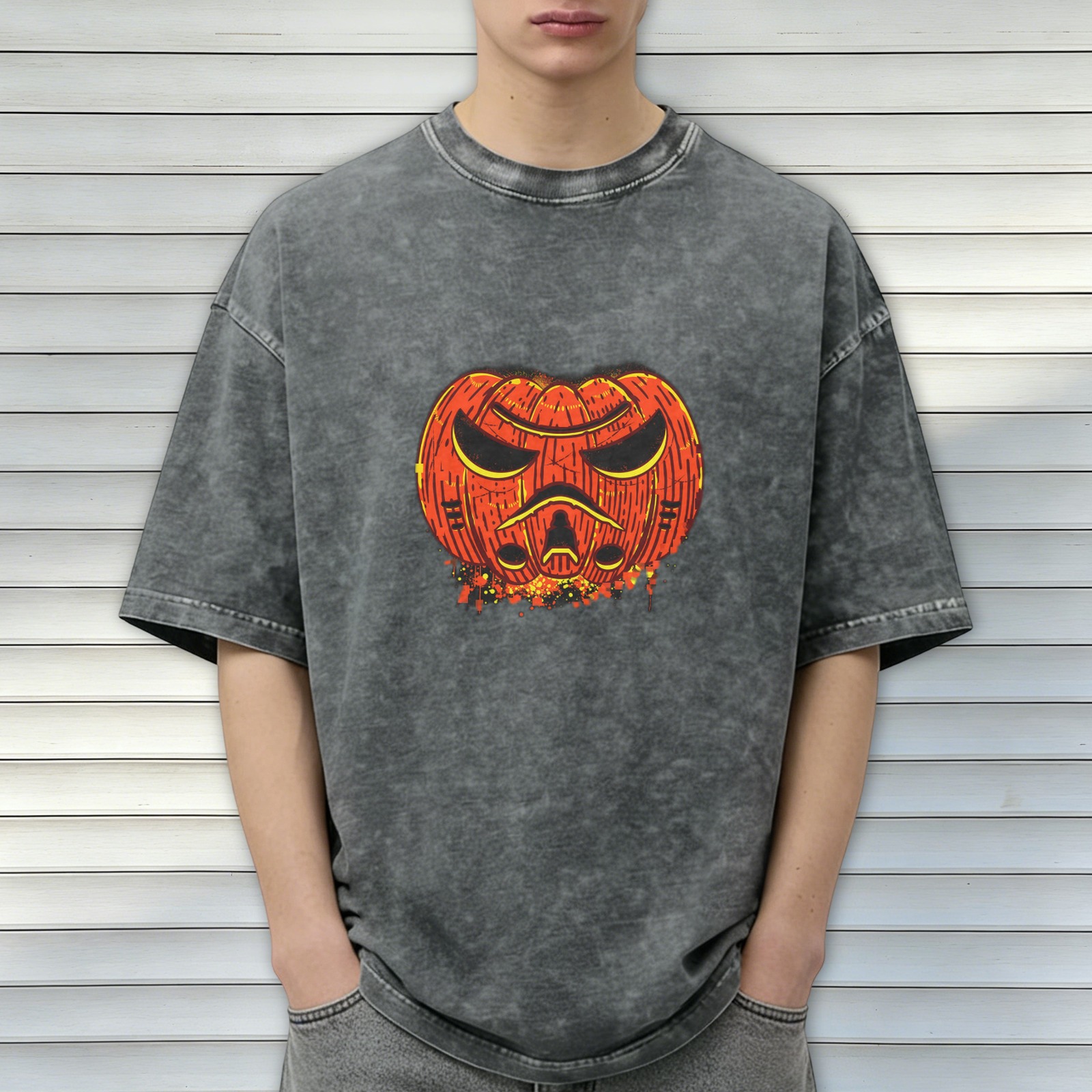 Oversized Dark Wash T-Shirt With Angry Pumpkin Jack-O'-Lantern Print