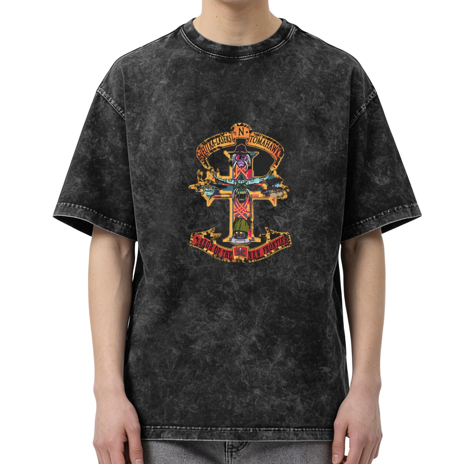 Washed black graphic t-shirt with stylized cross and text print